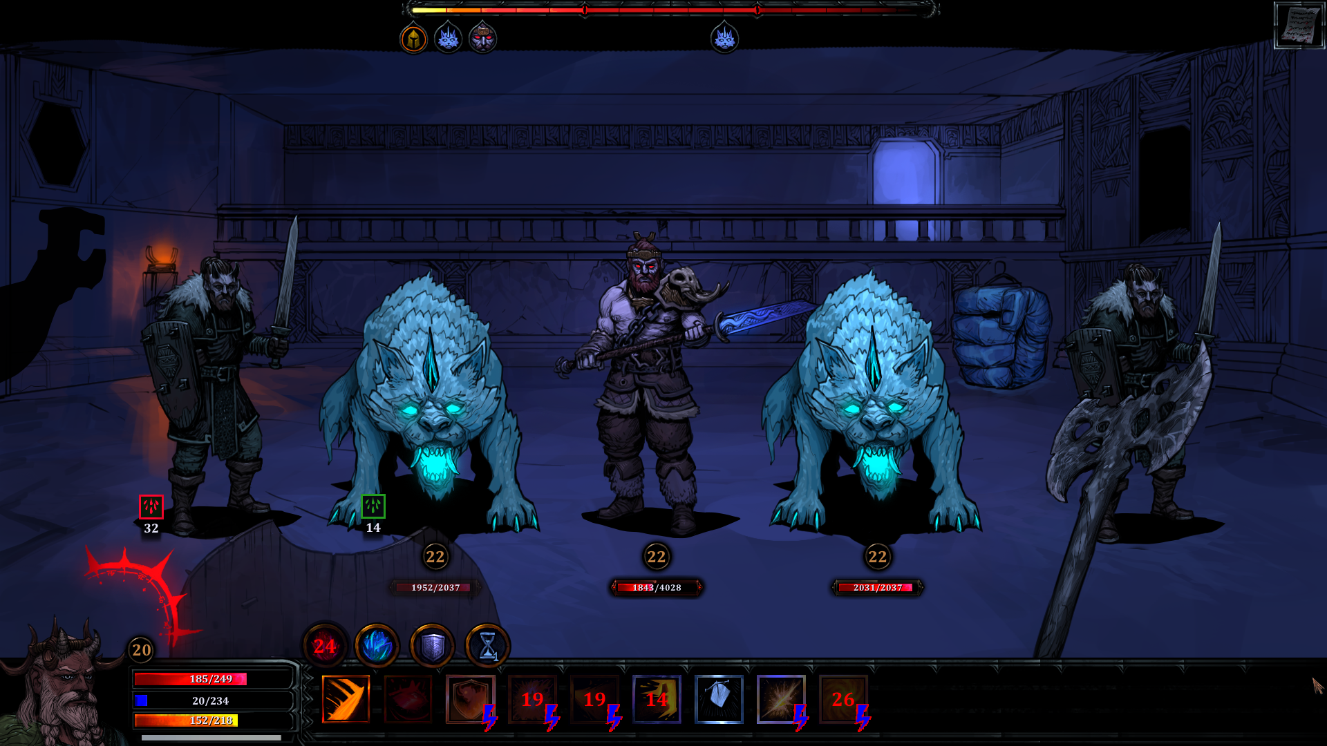 Tactical combat in HellSlave II against demonic creatures and spectral wolves in an underground icy environment