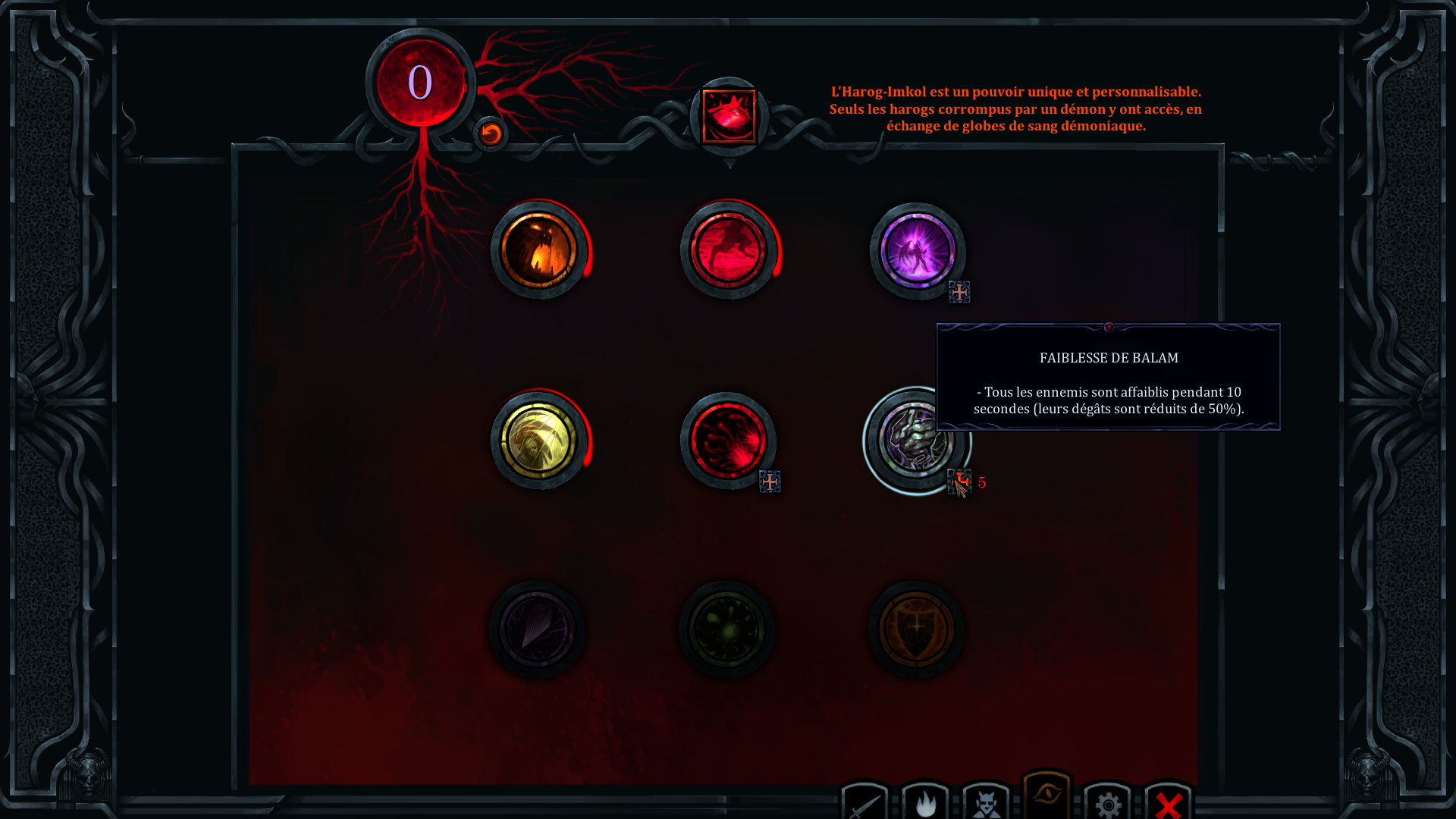 Harog-Imkol power tree interface in HellSlave II, showing customizable demonic abilities and skill upgrades.