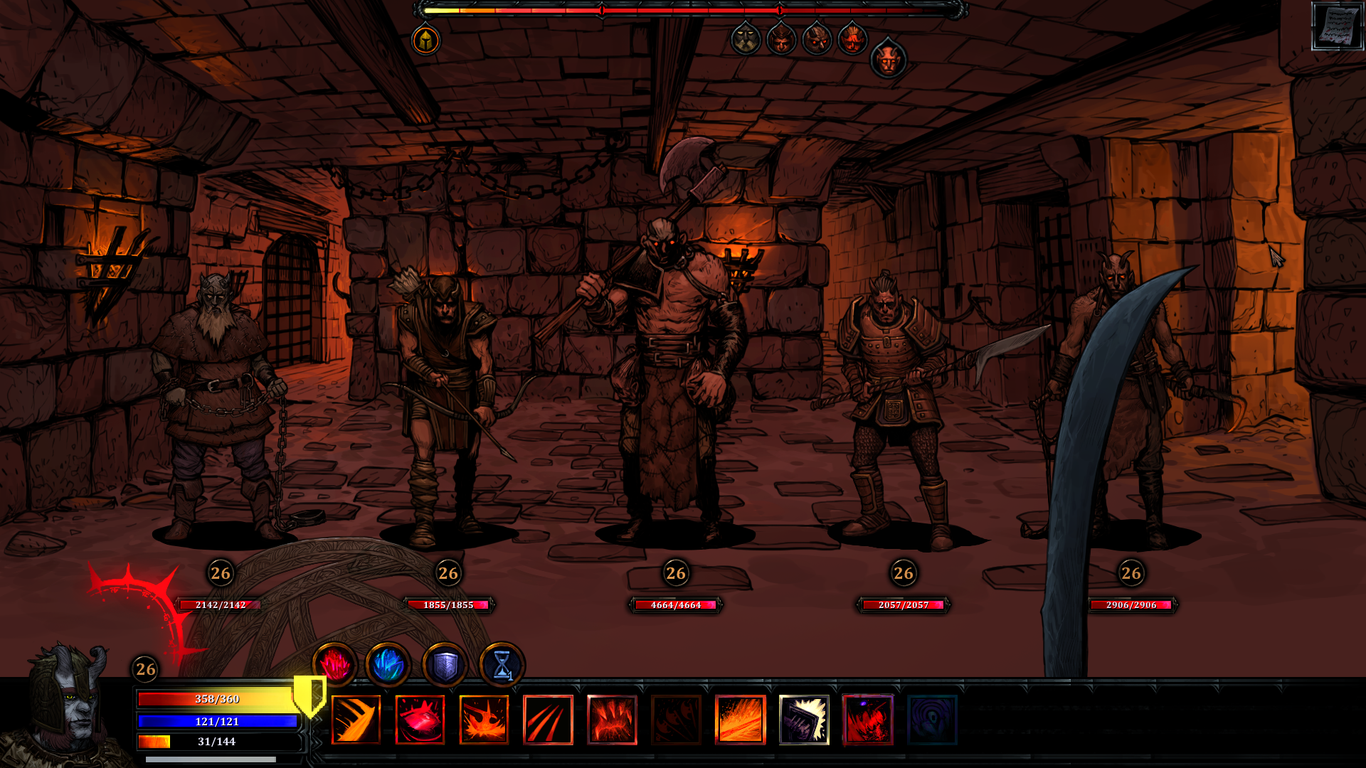 HellSlave II turn-based combat encounter in a dark dungeon in HellSlave II against multiple armed enemies