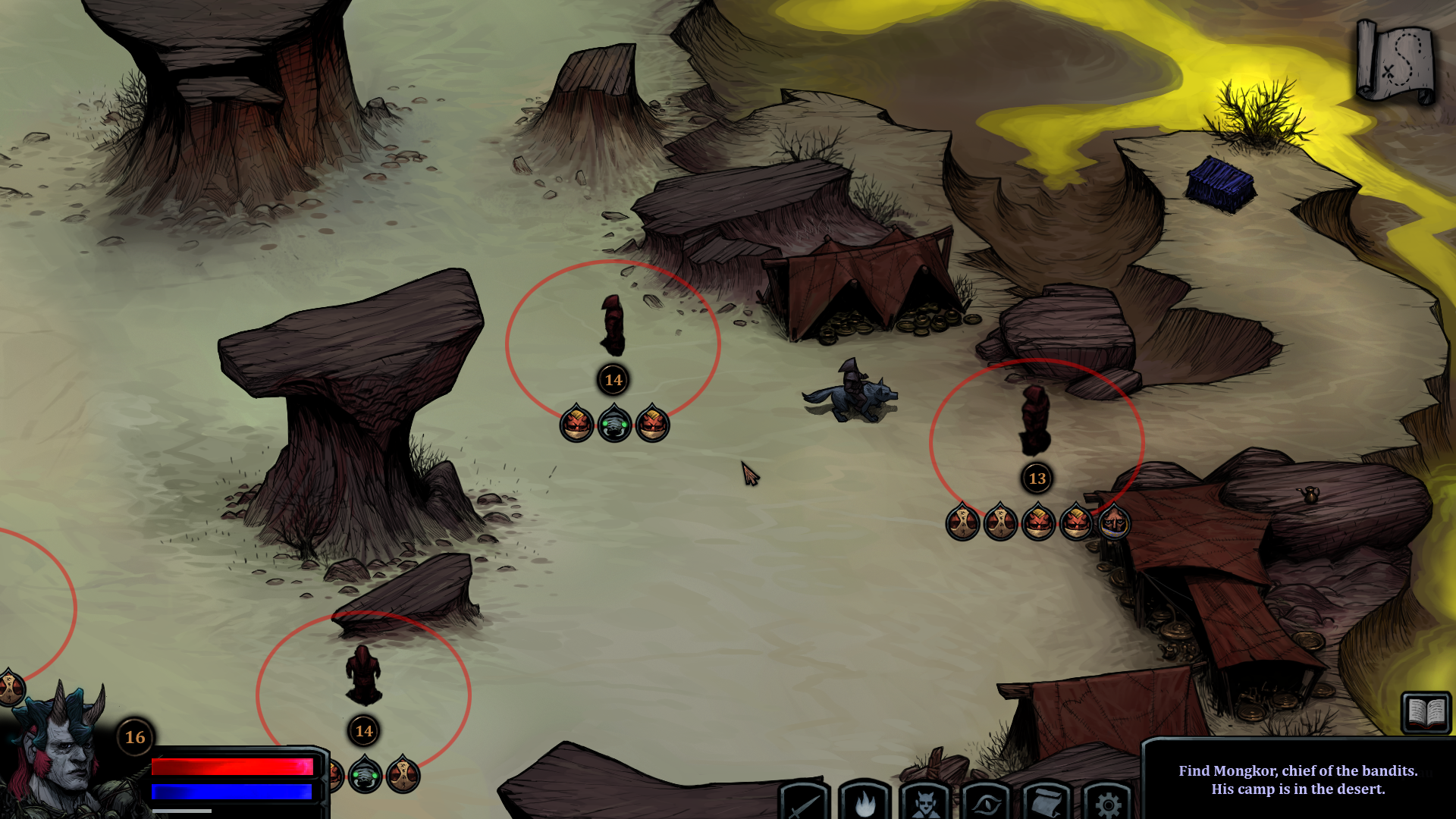 HellSlave II world map exploration in HellSlave II featuring desert terrain and bandit camps